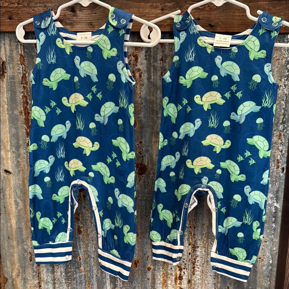 Blue Turtle Print Baby Rompers